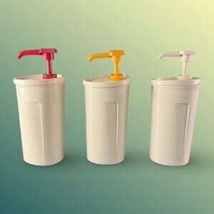 Tupperware Condiment Set 1970s Ketchup Mustard Mayo Pump Dispensers Vintage